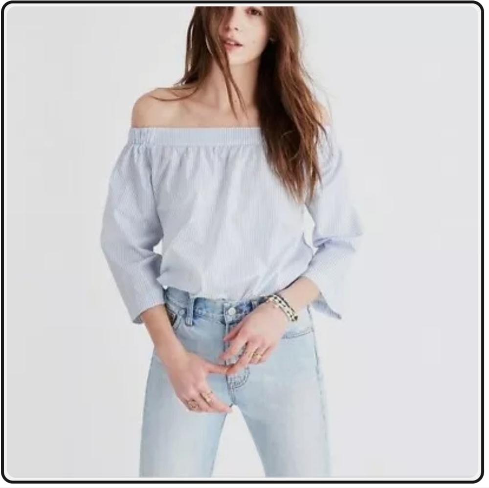Madewell capsule collection off the shoulder blue white striped cotton top small